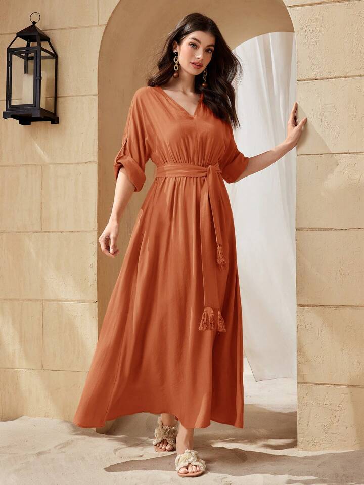 Women's V-Neck Solid Color Waist Belt And Tassel Decorated Elegant Arabic Summer Dress