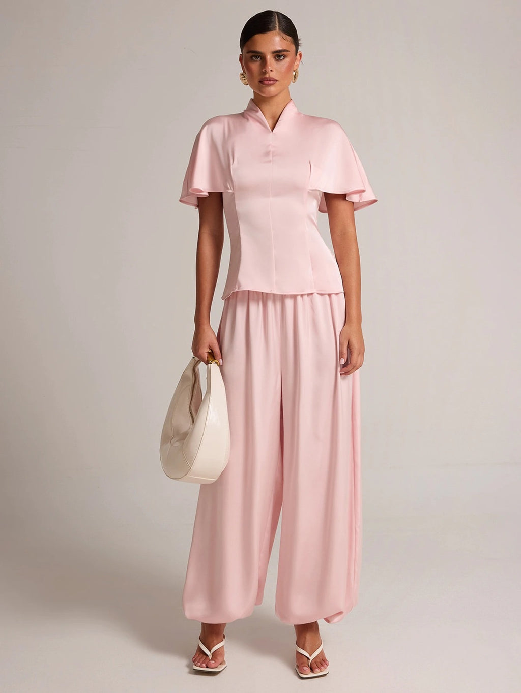 BAE Baby Pink Satin Cape Sleeve Blazer Balloon Pants Set
