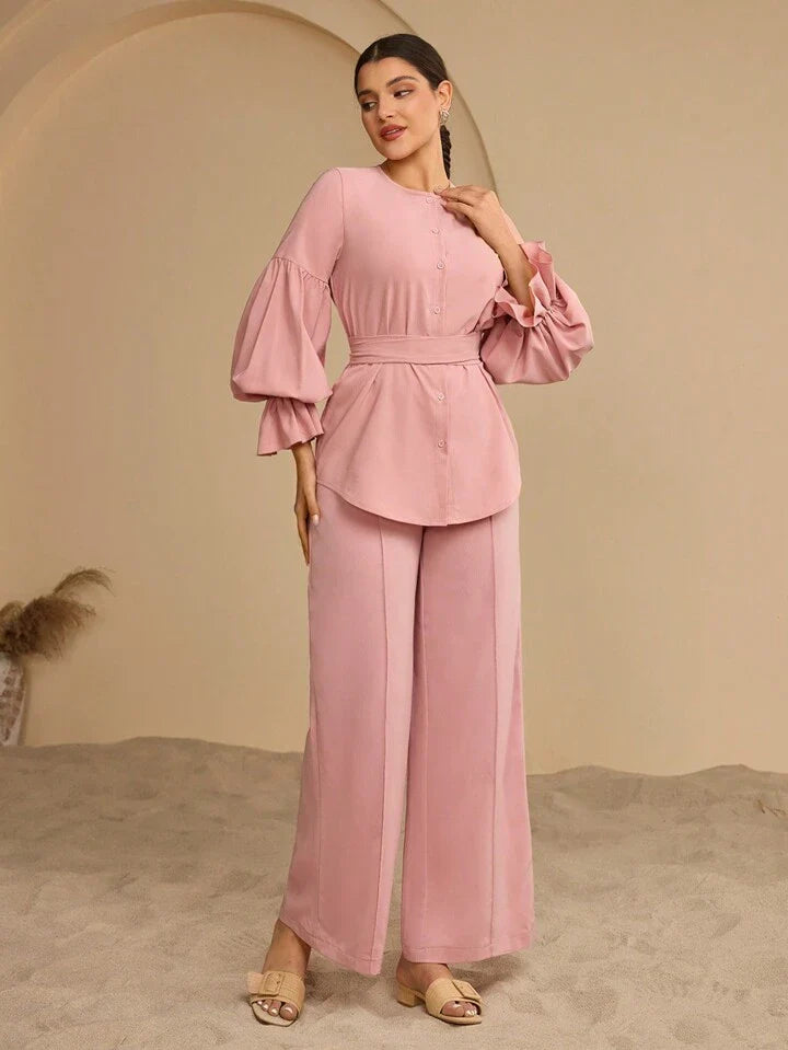 Graceveil 2 Pieces Set With Lantern Sleeves, Cinched Waist And Ruffle Hem Set  For Women