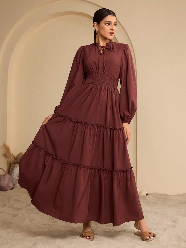 Women's Extra Long Ruffled Tiered A-Line Waist Cinching Long Dress