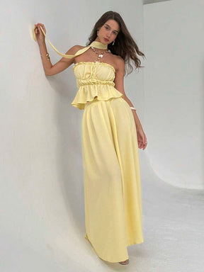 Women Summer Simple Solid Color Pleated Chest Ruffles Hem Tube Top And Long Skirt Set With Scarf