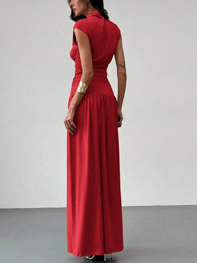 2PCS/SET STAND COLLAR RUCHED BLOUSE AND HIGH WAIST SKIRT SET