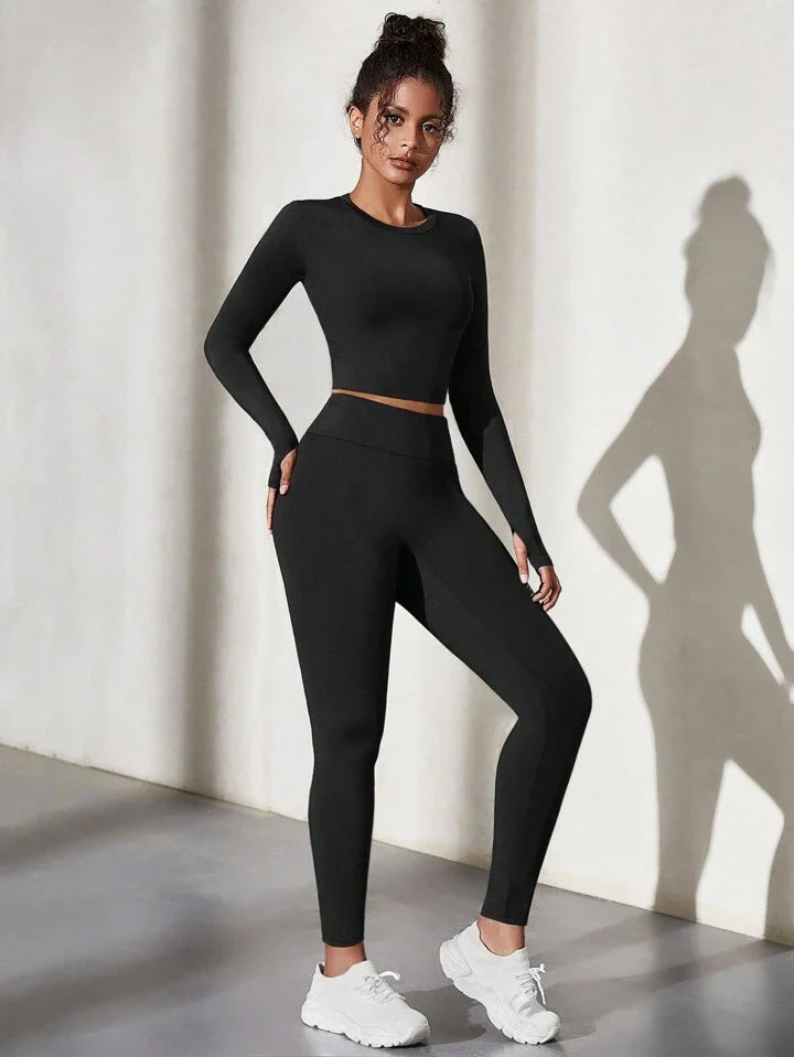 Sport Studio Solid Color Round Neck Sports Top Legging Set