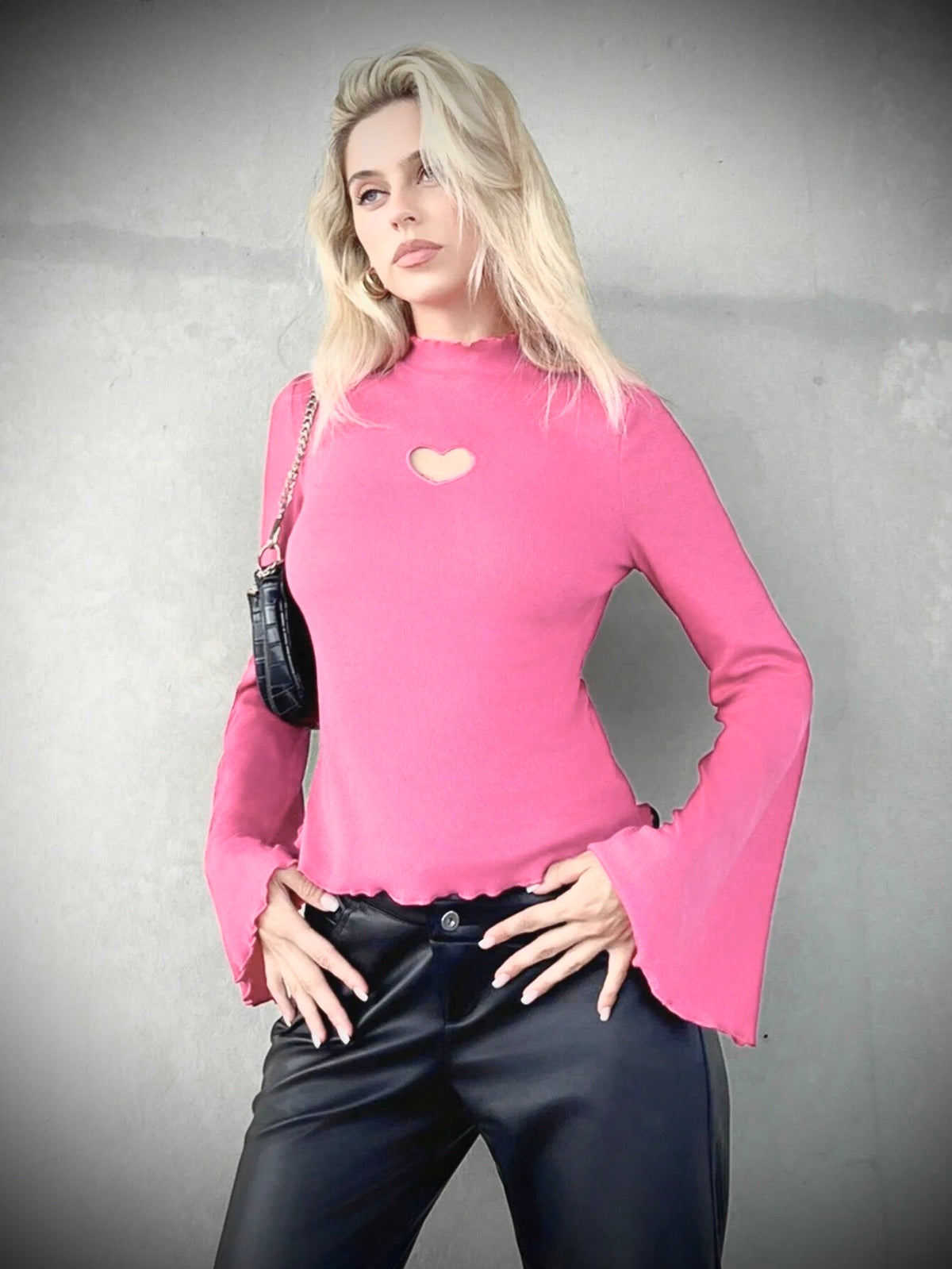 HEART CUT OUT LETTUCE TRIM MOCK NECK TRUMPET SLEEVE TEE