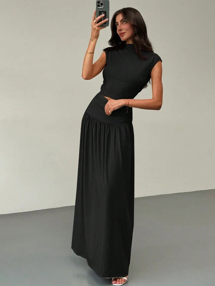 2PCS/SET STAND COLLAR RUCHED BLOUSE AND HIGH WAIST SKIRT SET