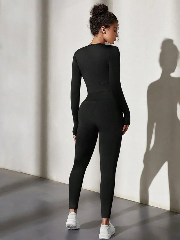 Sport Studio Solid Color Round Neck Sports Top Legging Set