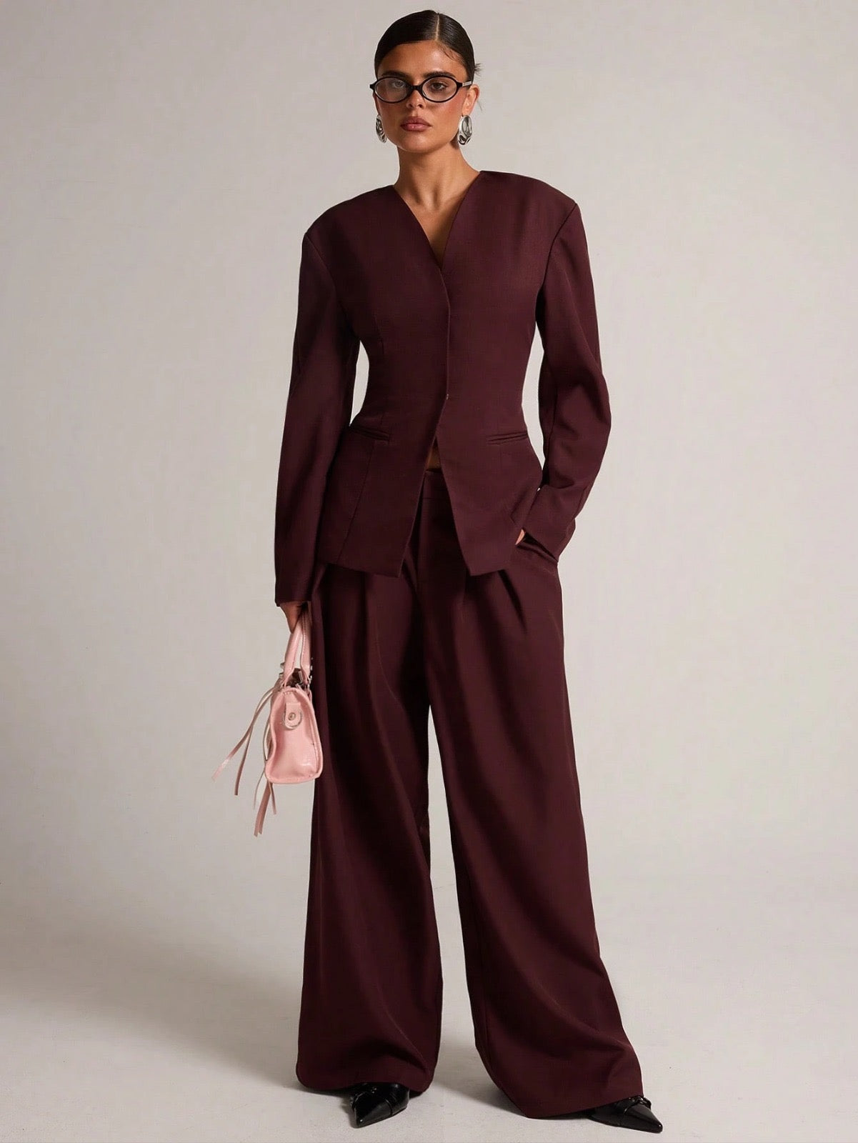Deep Plum Long Sleeve Blazer Pants Set