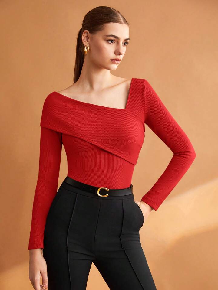Women Solid Elastic Foldable Slim Asymmetric Collar Long Sleeve Casual Top