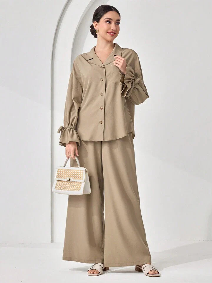Women's Casual Solid Color Long Sleeve And Long Pants Arabic Outfits