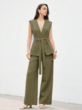 Minimalist office wear v-neck cinched waist west two piece set