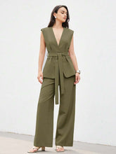 Minimalist office wear v-neck cinched waist west two piece set
