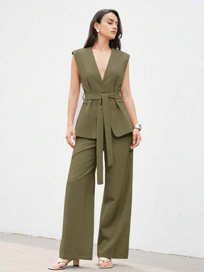 Minimalist office wear v-neck cinched waist west two piece set