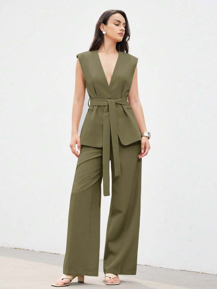 Minimalist office wear v-neck cinched waist west two piece set