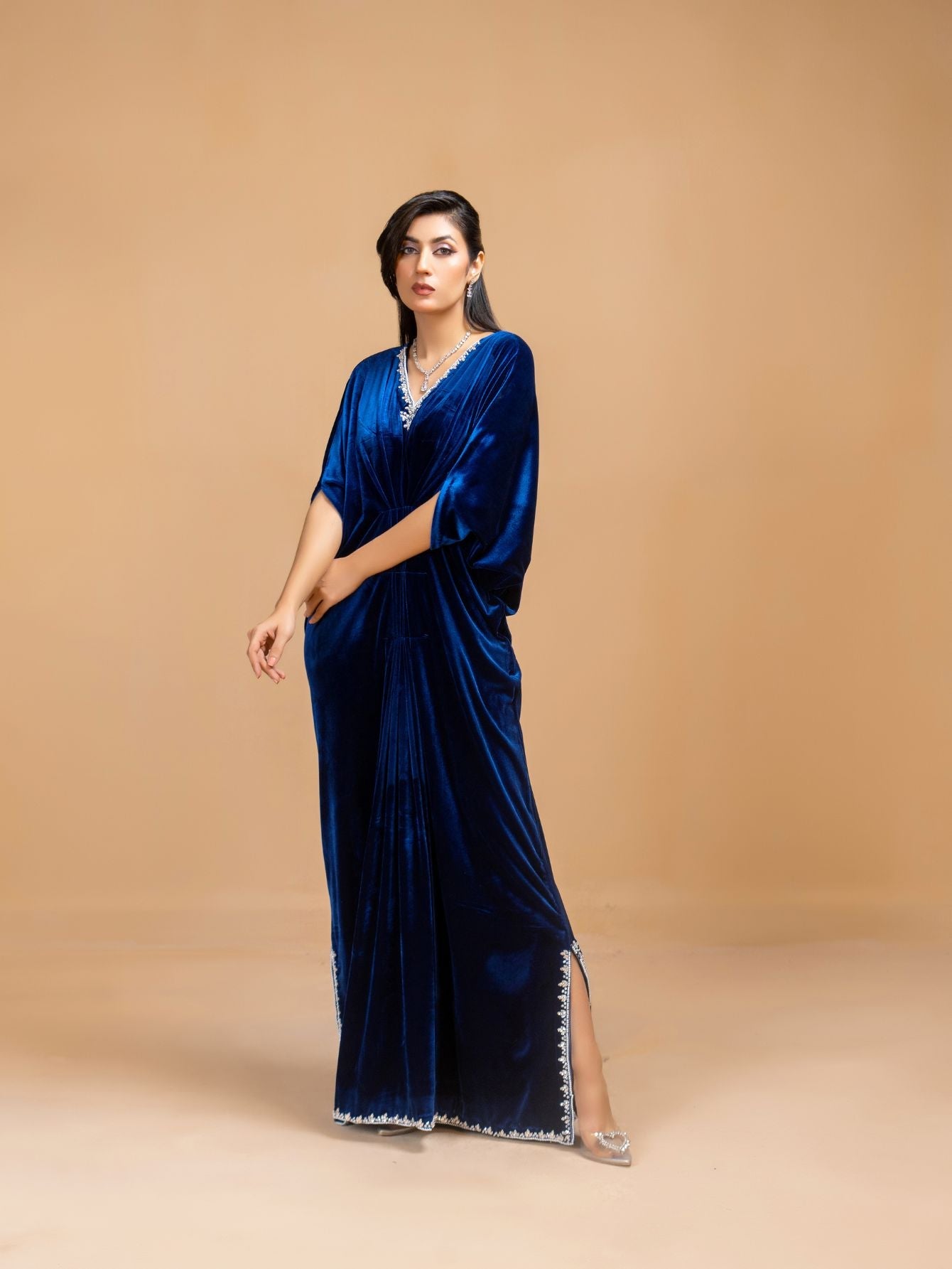 V NECK CONTRAST TAPE SPLIT HEM VELVET MODEST LONG SLEEVES DRESS