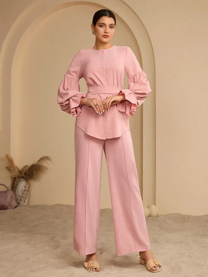 Graceveil 2 Pieces Set With Lantern Sleeves, Cinched Waist And Ruffle Hem Set  For Women
