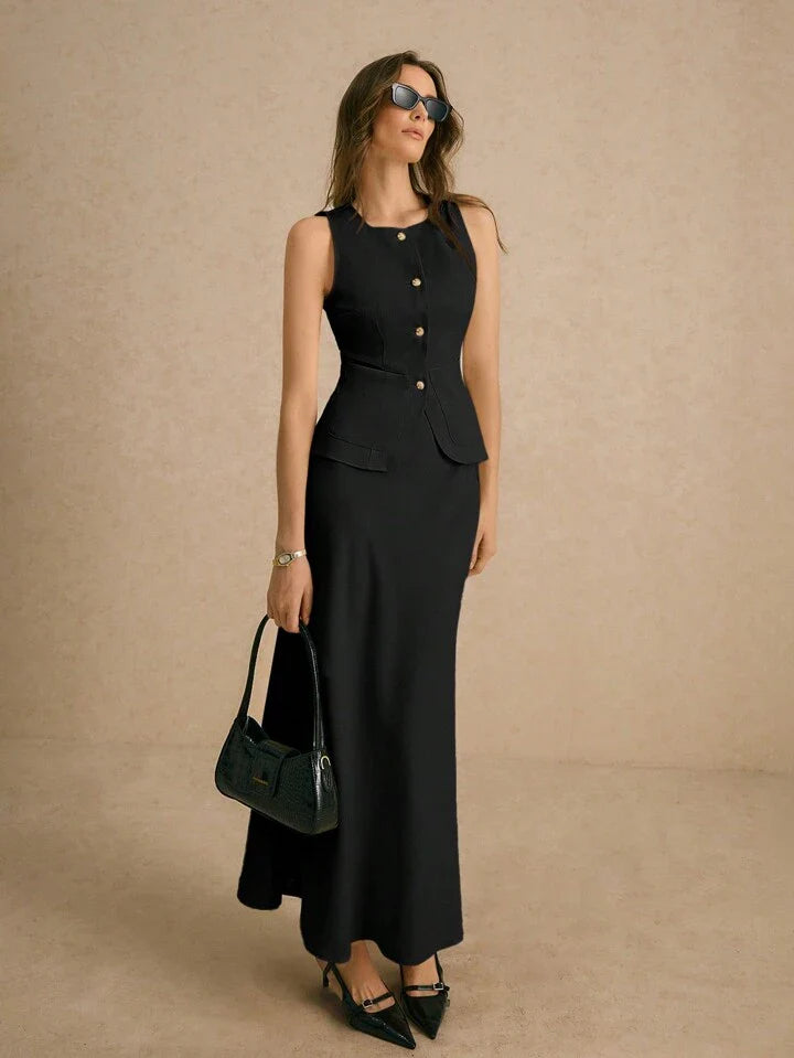 Women's Cardigan Button Sleeveless Vest Tank Top And Mermaid Hem Fitted Pencil Skirt Suit Set