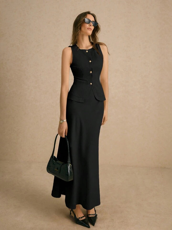 Women's Cardigan Button Sleeveless Vest Tank Top And Mermaid Hem Fitted Pencil Skirt Suit Set