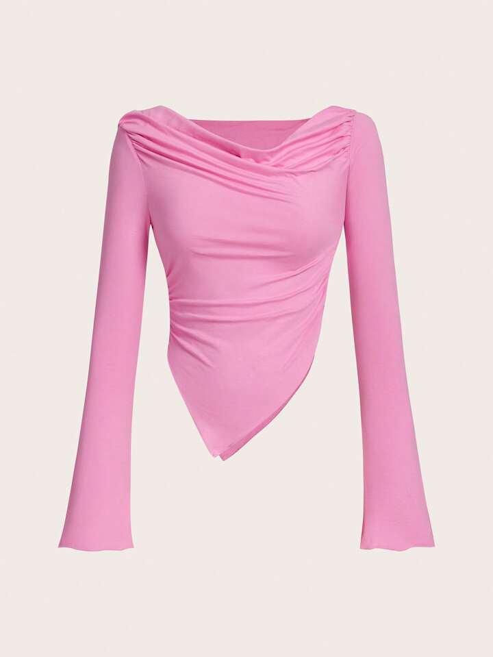 Women's Solid Brown Asymmetrical Ruched Asymmetrical Neck Hem jersey Long Sleeve Top