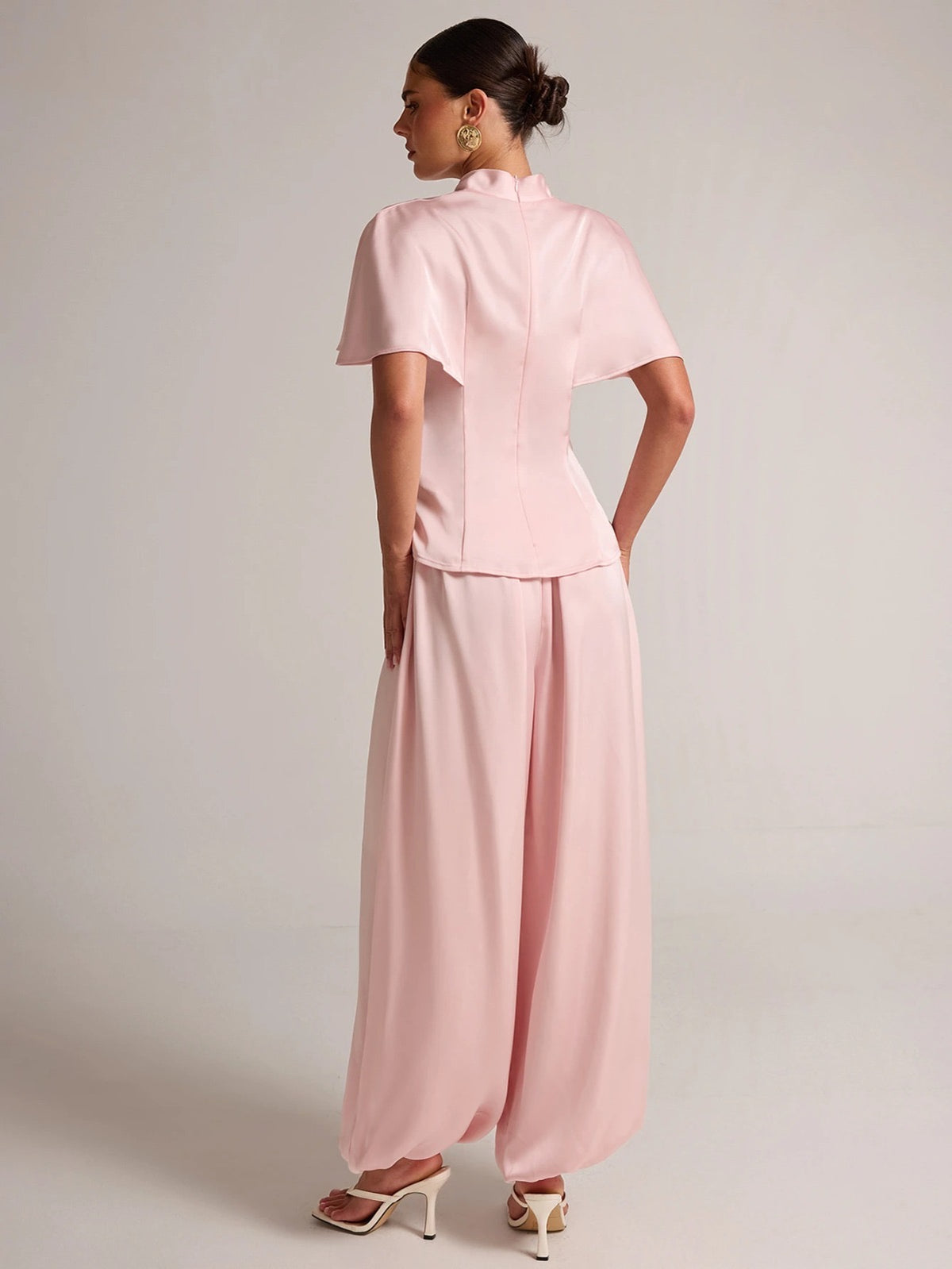 BAE Baby Pink Satin Cape Sleeve Blazer Balloon Pants Set