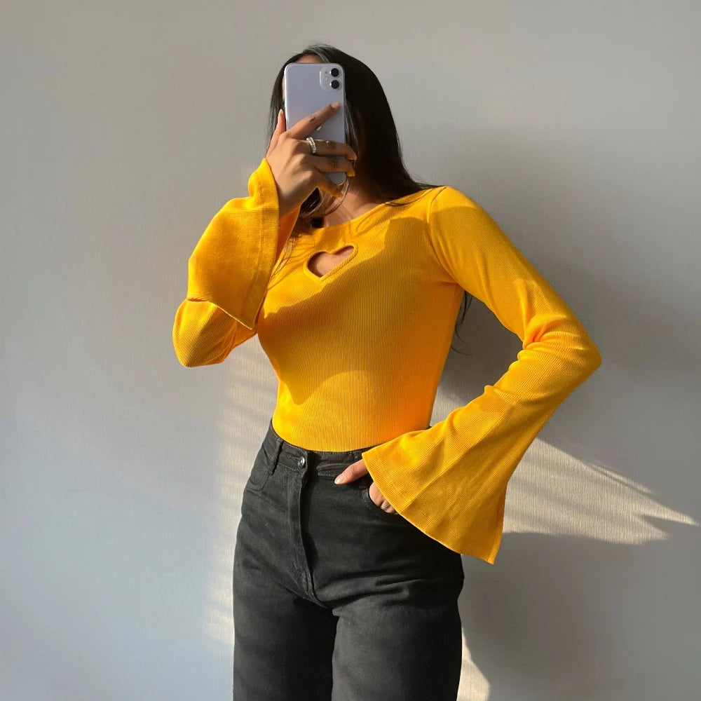 HEART CUT OUT LETTUCE TRIM MOCK NECK TRUMPET SLEEVE TEE