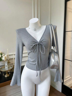 Women's Solid Color Bell Sleeve Crop T-Shirt With Tassel Detail
