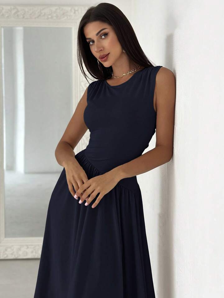 Elegant Asymmetrical Patchwork Ruched Back Tie Waist Dress