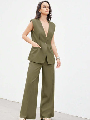 Minimalist office wear v-neck cinched waist west two piece set