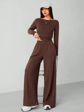 CASUAL 2PCS KNITTED SLIM TOP & WIDE LEG PANTS