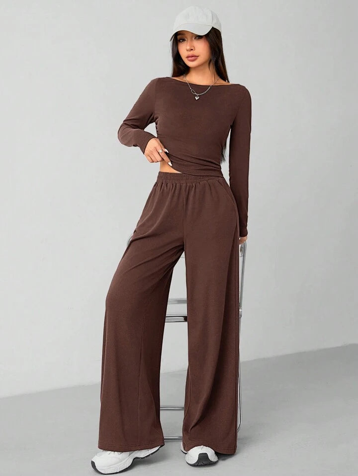 CASUAL 2PCS KNITTED SLIM TOP & WIDE LEG PANTS