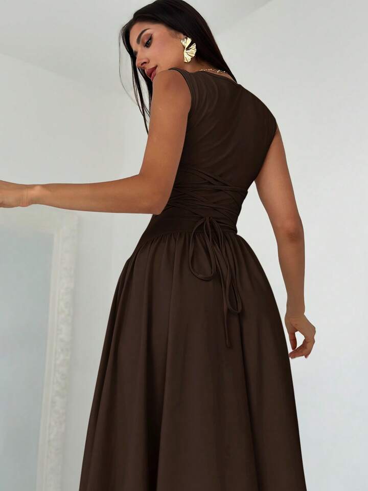 Elegant Asymmetrical Patchwork Ruched Back Tie Waist Dress