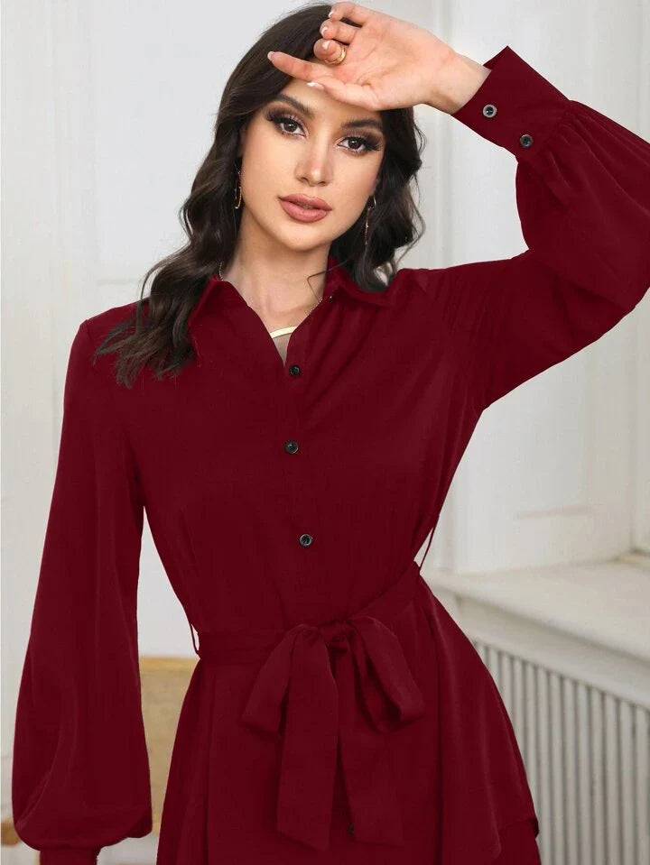 Women Solid Color Front Button Long Sleeve Casual Top And Pants Set