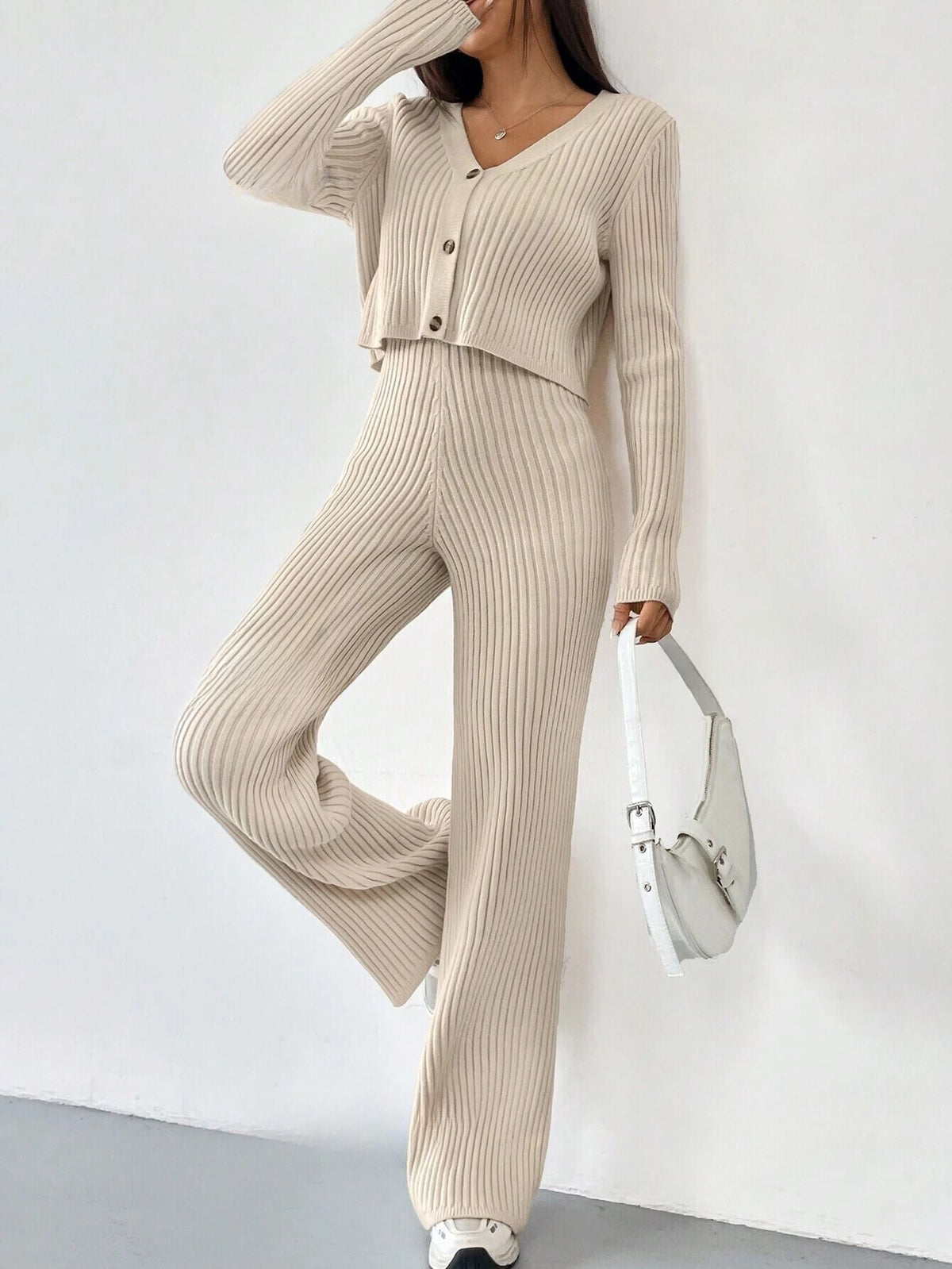 RIBBED KNIT CARDIGAN & KNITTED SOFT CO-ORD