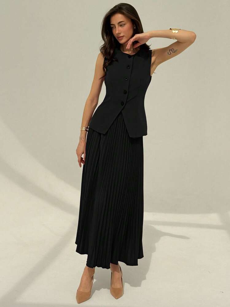 Women's Solid Color Single-Breasted Sleeveless Jacket And Pleated Mini Skirt Elegant Suit Set