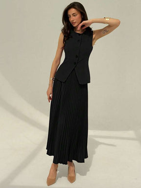 Women's Solid Color Single-Breasted Sleeveless Jacket And Pleated Mini Skirt Elegant Suit Set