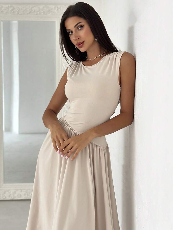 Elegant Asymmetrical Patchwork Ruched Back Tie Waist Dress