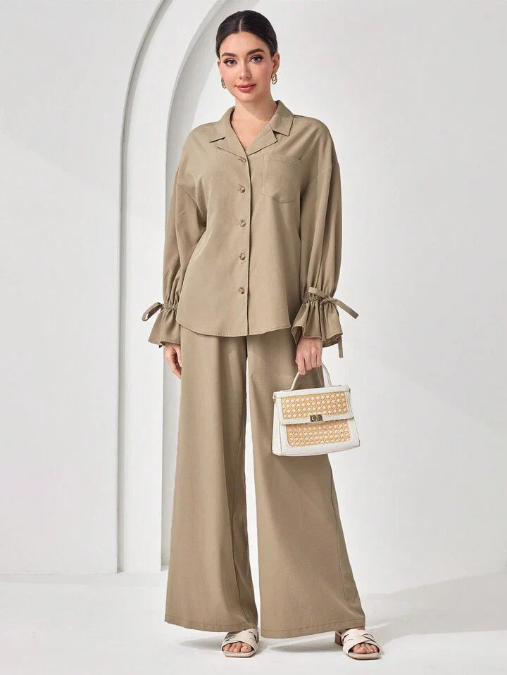 Women's Casual Solid Color Long Sleeve And Long Pants Arabic Outfits