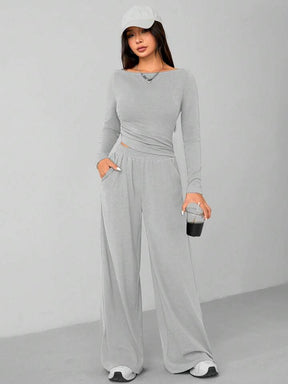 CASUAL 2PCS KNITTED SLIM TOP & WIDE LEG PANTS