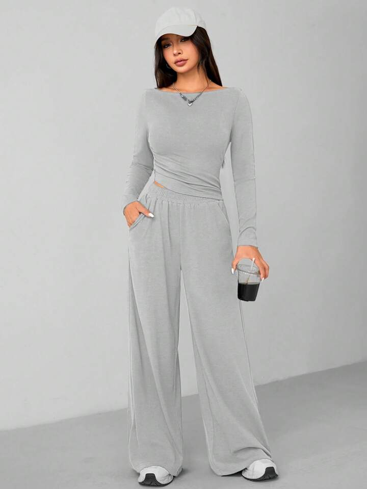 CASUAL 2PCS KNITTED SLIM TOP & WIDE LEG PANTS