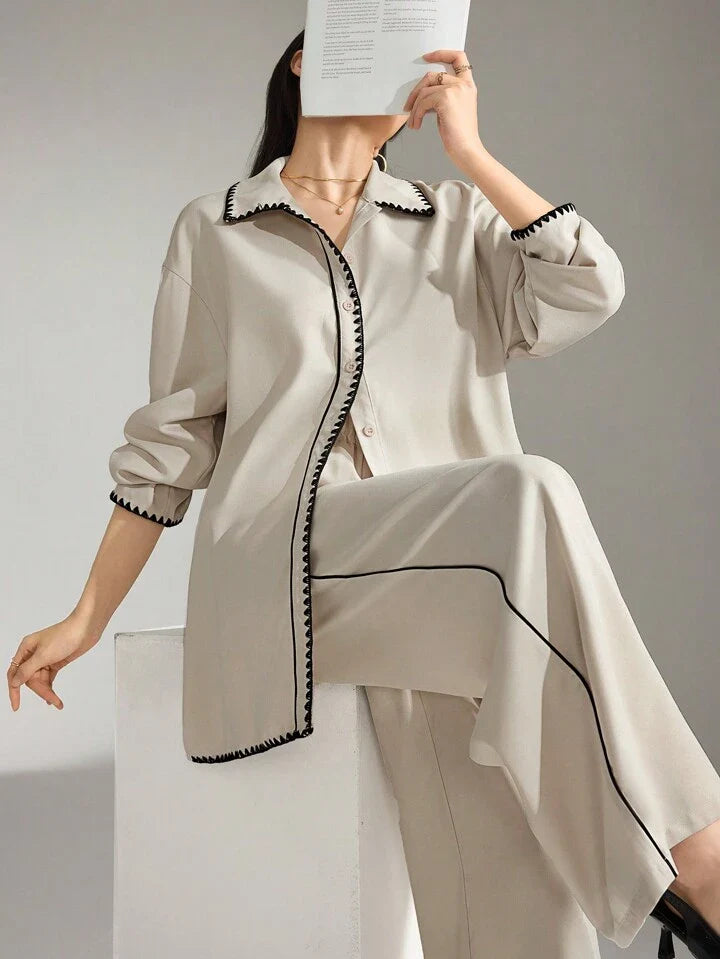 Casual Contrast Trim Shirt And Pant Women Full Sleeves Suit