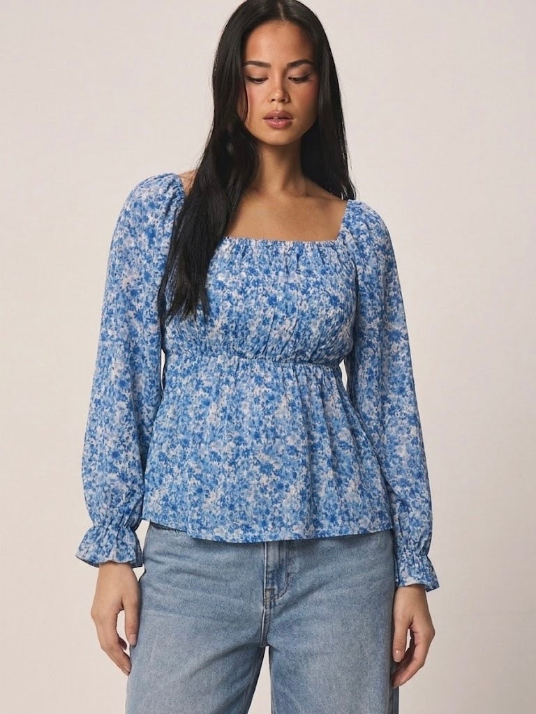 WOMEN DITSY FLORAL BACK BOW SQUARE  NECK FULL SLEEVES TOP
