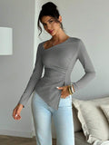 Elegant Long Sleeve Cinched Waist Bodycon Asymmetrical Hem Top