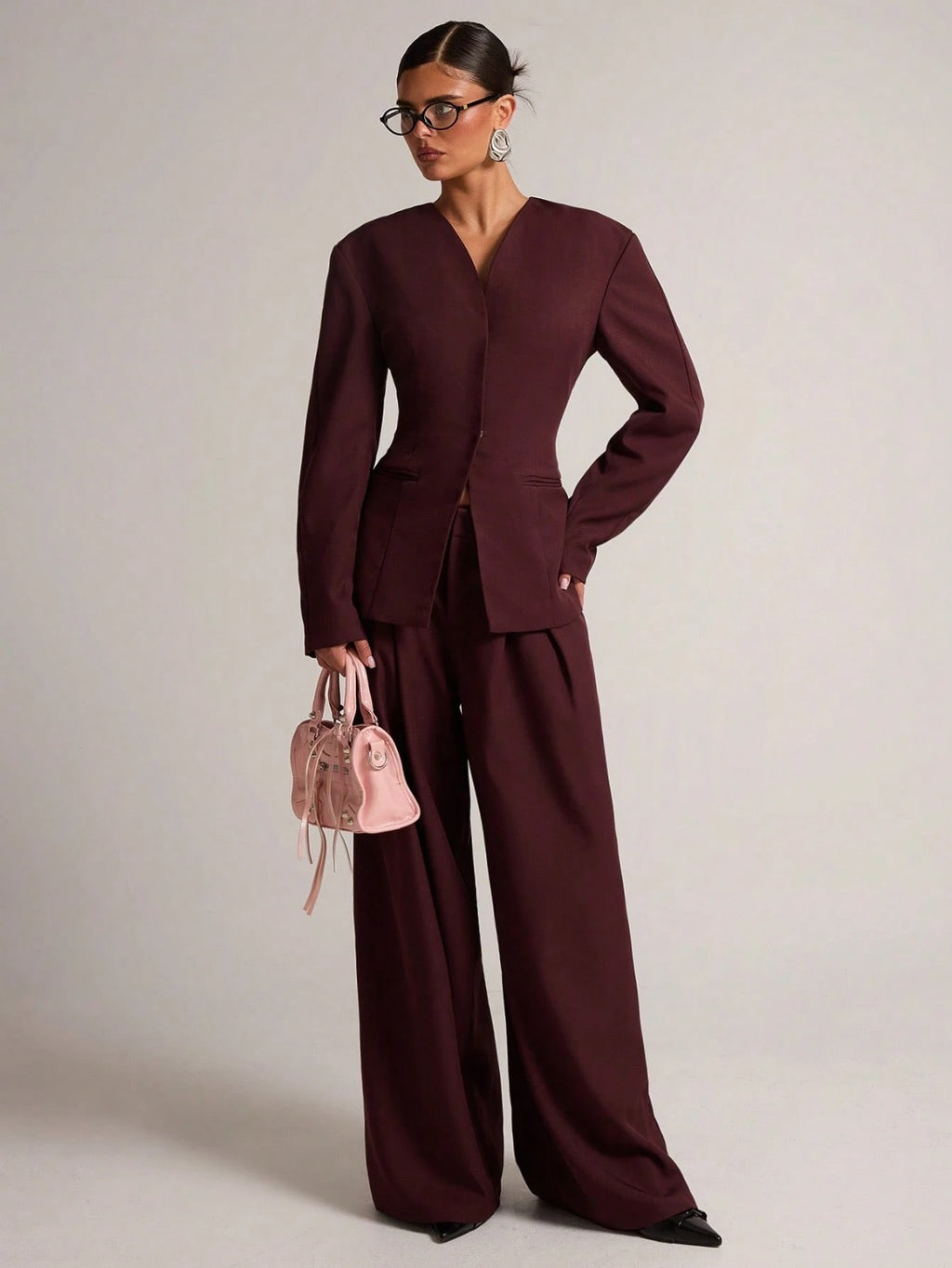 Deep Plum Long Sleeve Blazer Pants Set