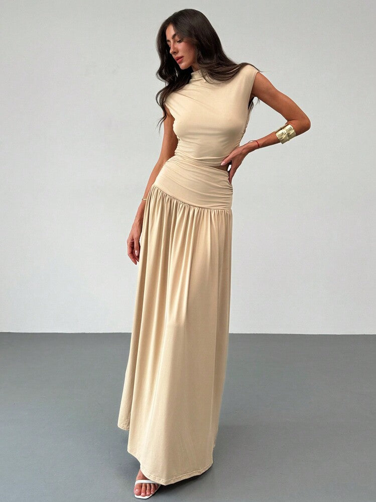 2PCS/SET STAND COLLAR RUCHED BLOUSE AND HIGH WAIST SKIRT SET