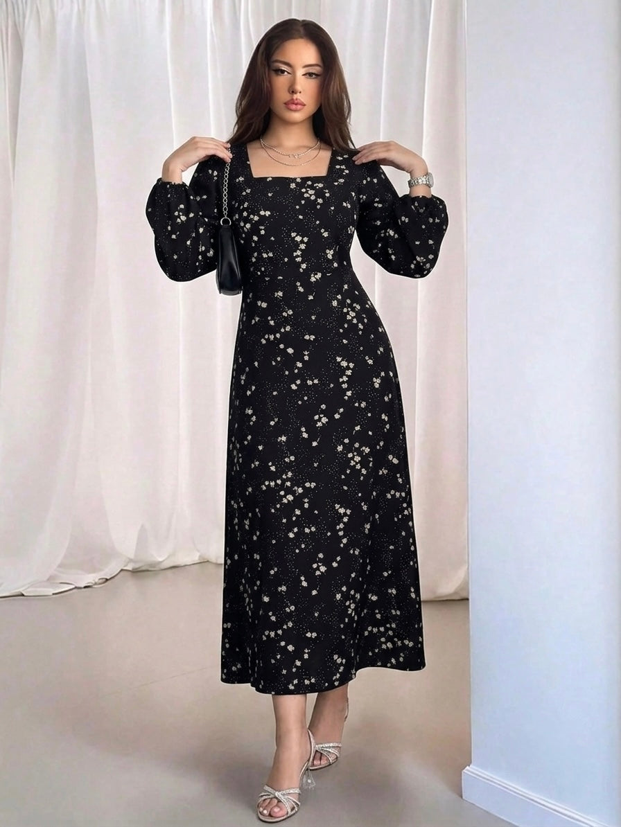 WOMEN'S ELEGANT PUFF SLEEVES CINCHED WAIST LONG DRESS WITH SMALL DITSY FLORAL