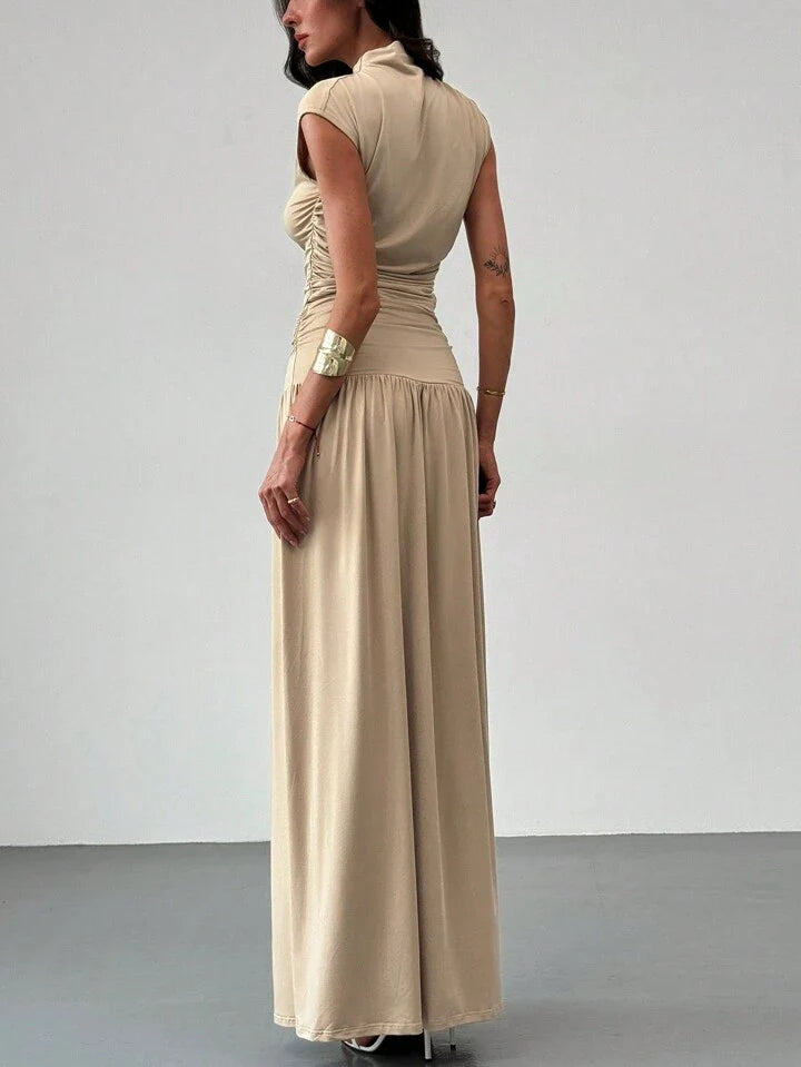 2PCS/SET STAND COLLAR RUCHED BLOUSE AND HIGH WAIST SKIRT SET