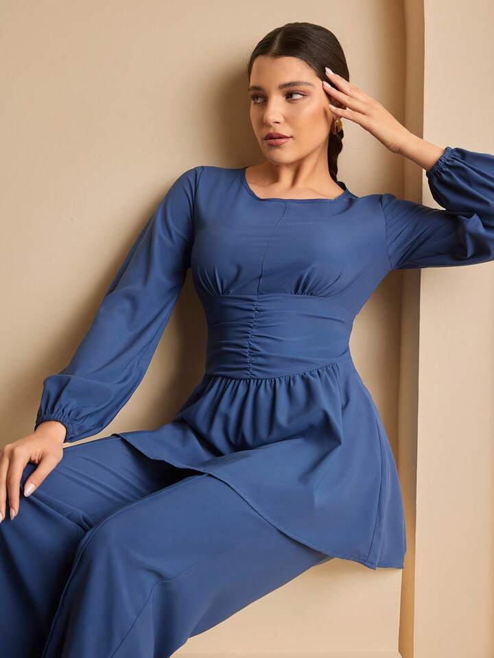 Women's Navy Blue Elegant Cinched Waist Long Sleeve Top + Long Pants Suit Set