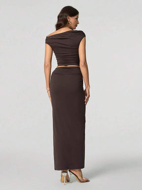 Women Oblique Shoulder Short Sleeve Top And Skirt Set