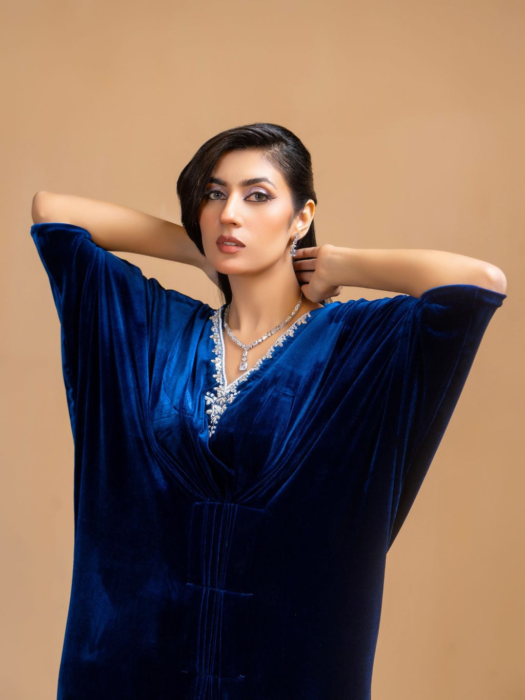 V NECK CONTRAST TAPE SPLIT HEM VELVET MODEST LONG SLEEVES DRESS