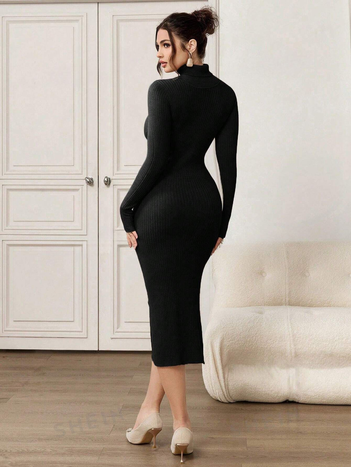 WOMEN'S SOLID HIGH NECK LONG SLEEVES FITTED ELEGANT SWEATER DRESS