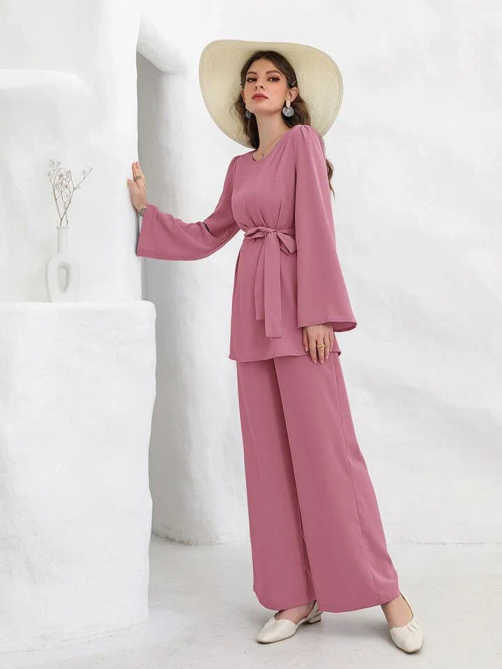 Bell Sleeve Belted Blouse With Wide Leg Pants